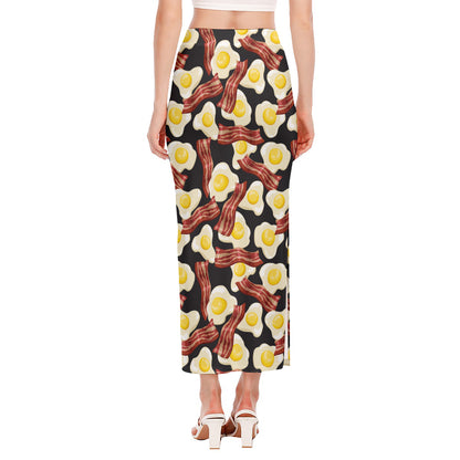 Black Fried Egg And Bacon Pattern Print Side Slit Maxi Skirt
