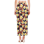 Black Fried Egg And Bacon Pattern Print Side Slit Maxi Skirt