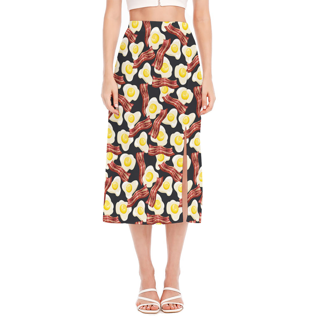 Black Fried Egg And Bacon Pattern Print Side Slit Midi Skirt