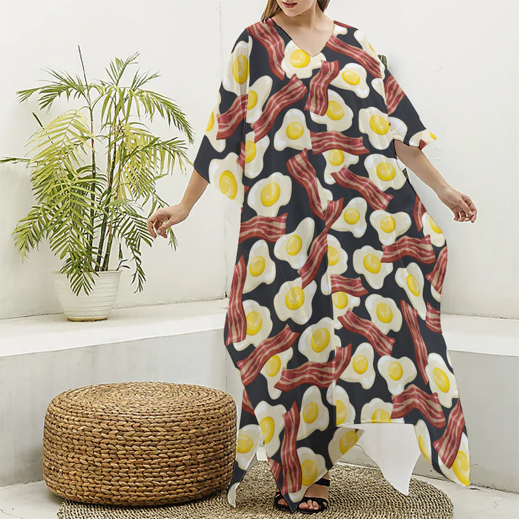 Black Fried Egg And Bacon Pattern Print Silk V-Neck Kaftan Dress