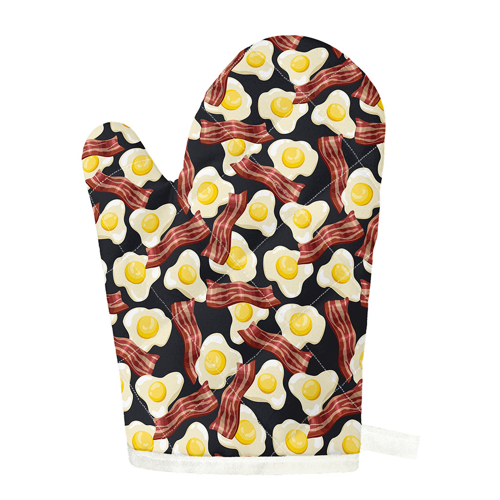 Black Fried Egg And Bacon Pattern Print Single Oven Mitt