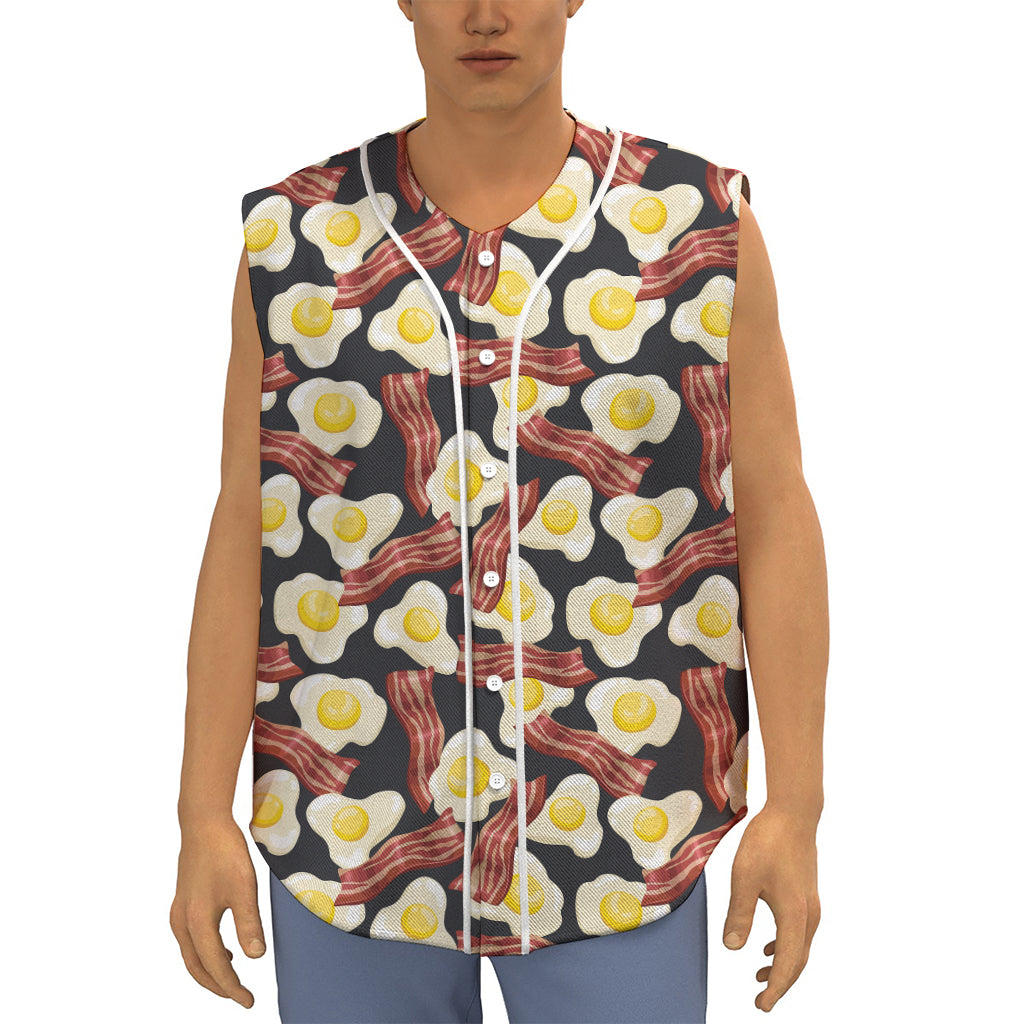 Black Fried Egg And Bacon Pattern Print Sleeveless Baseball Jersey