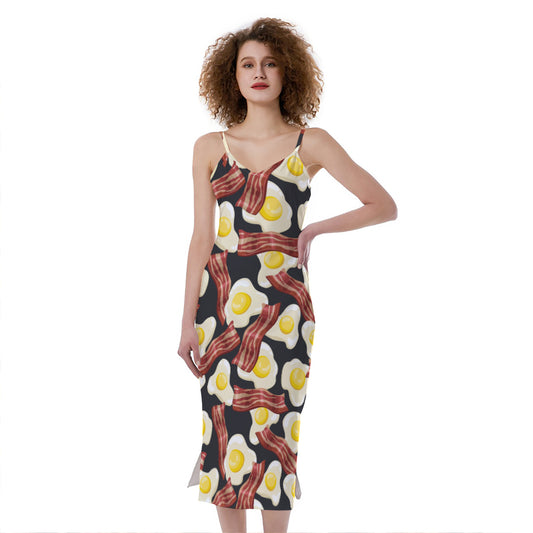 Black Fried Egg And Bacon Pattern Print Slim Fit Midi Cami Dress