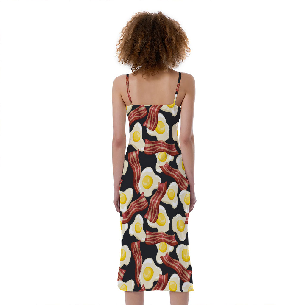 Black Fried Egg And Bacon Pattern Print Slim Fit Midi Cami Dress