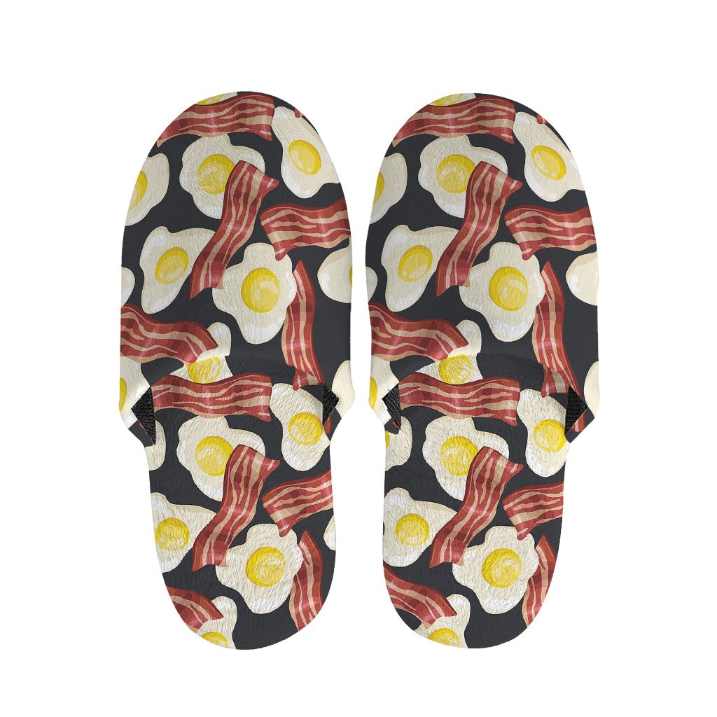 Black Fried Egg And Bacon Pattern Print Slippers