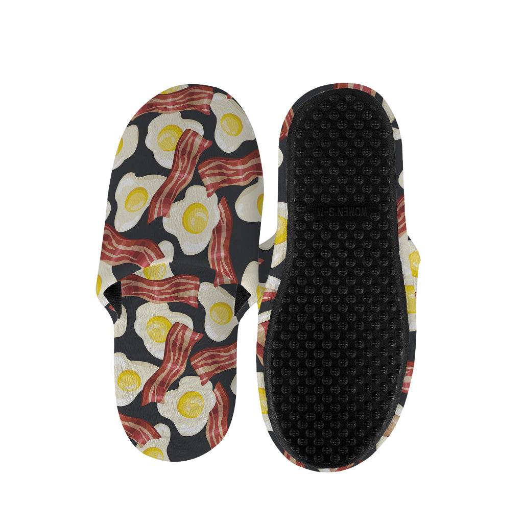 Black Fried Egg And Bacon Pattern Print Slippers