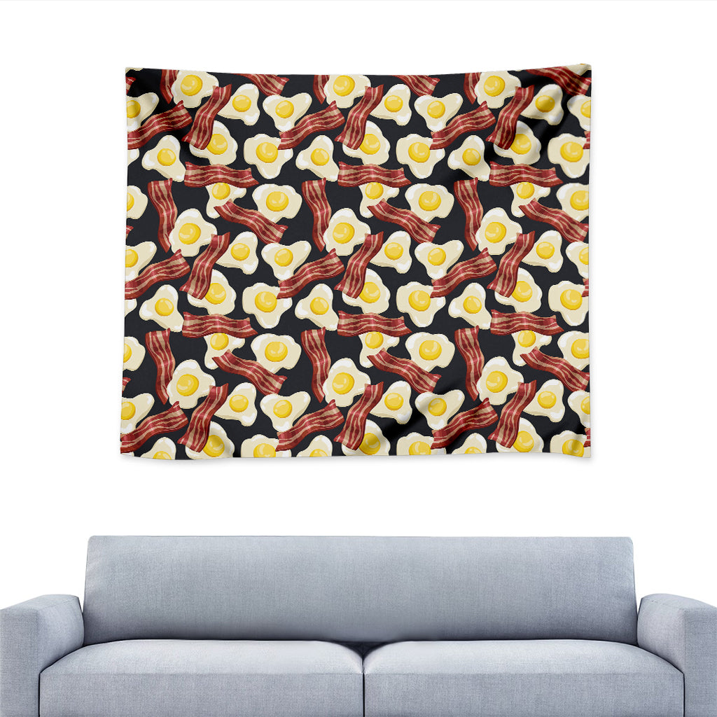 Black Fried Egg And Bacon Pattern Print Tapestry