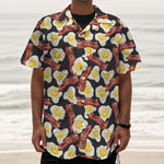 Black Fried Egg And Bacon Pattern Print Textured Short Sleeve Shirt