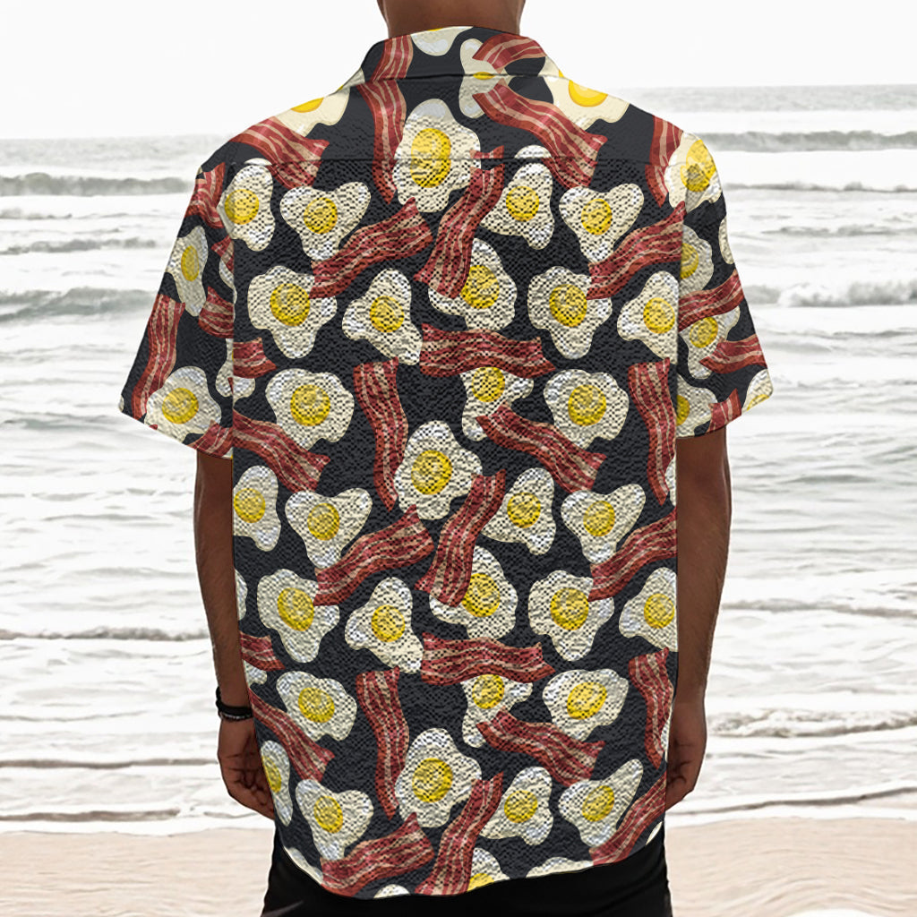 Black Fried Egg And Bacon Pattern Print Textured Short Sleeve Shirt