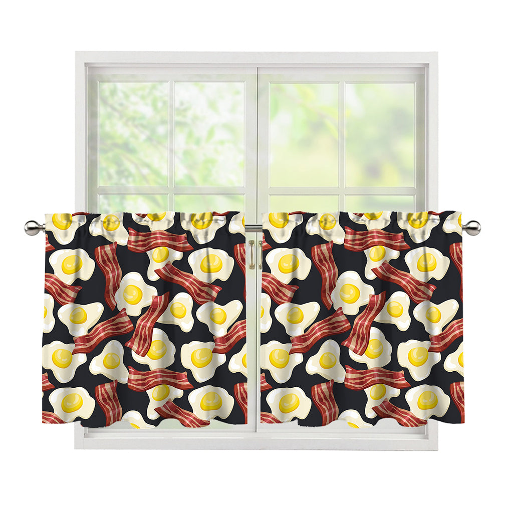 Black Fried Egg And Bacon Pattern Print Tier Curtains