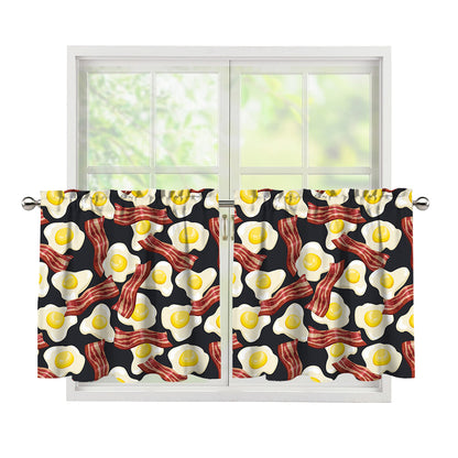 Black Fried Egg And Bacon Pattern Print Tier Curtains
