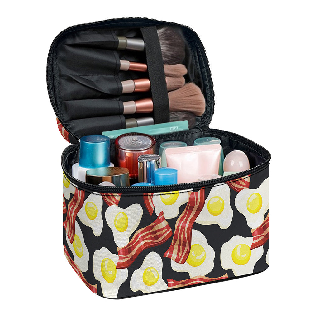Black Fried Egg And Bacon Pattern Print Travel Makeup Bag