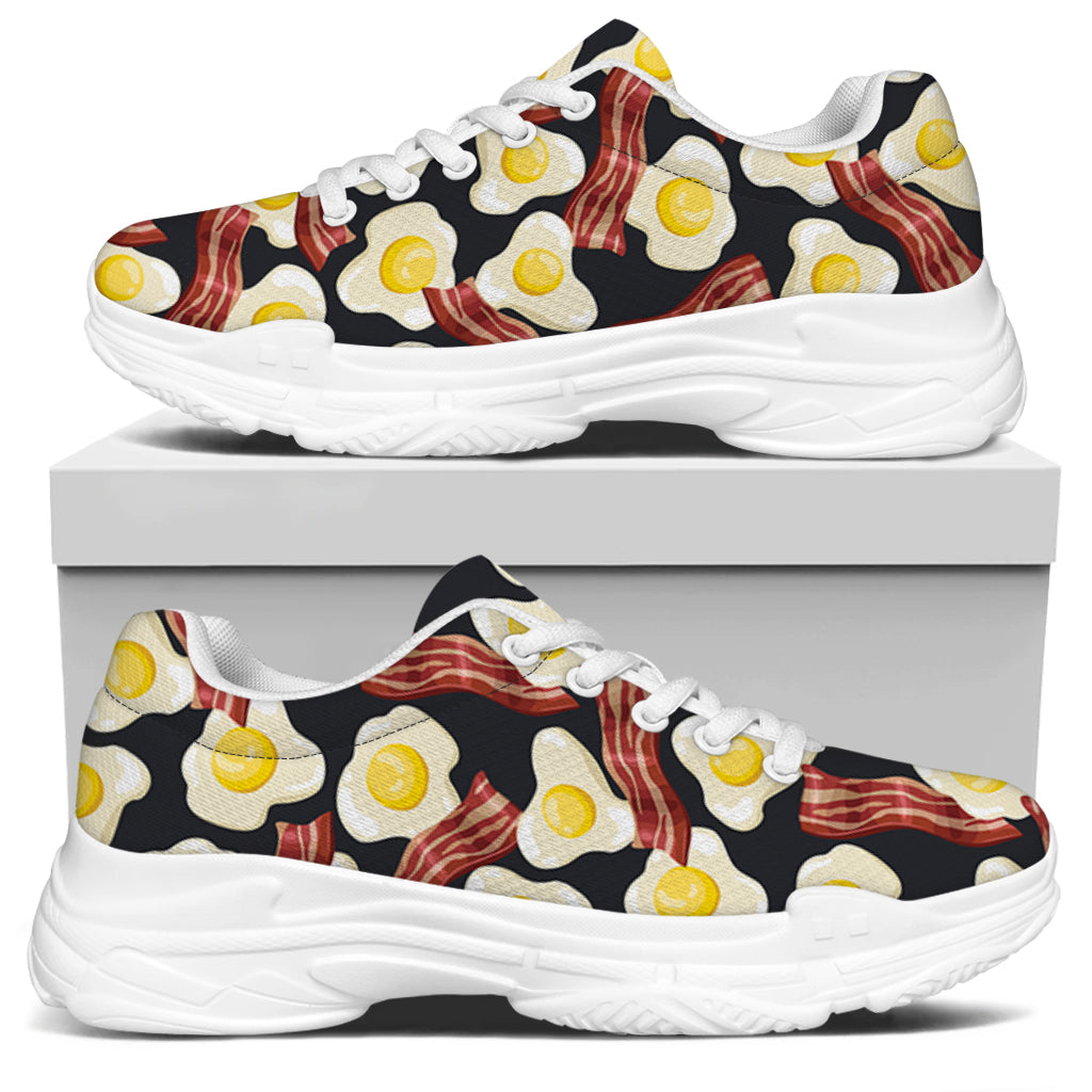 Black Fried Egg And Bacon Pattern Print White Chunky Shoes