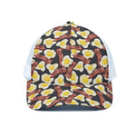 Black Fried Egg And Bacon Pattern Print White Mesh Trucker Cap