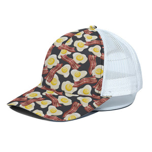 Black Fried Egg And Bacon Pattern Print White Mesh Trucker Cap