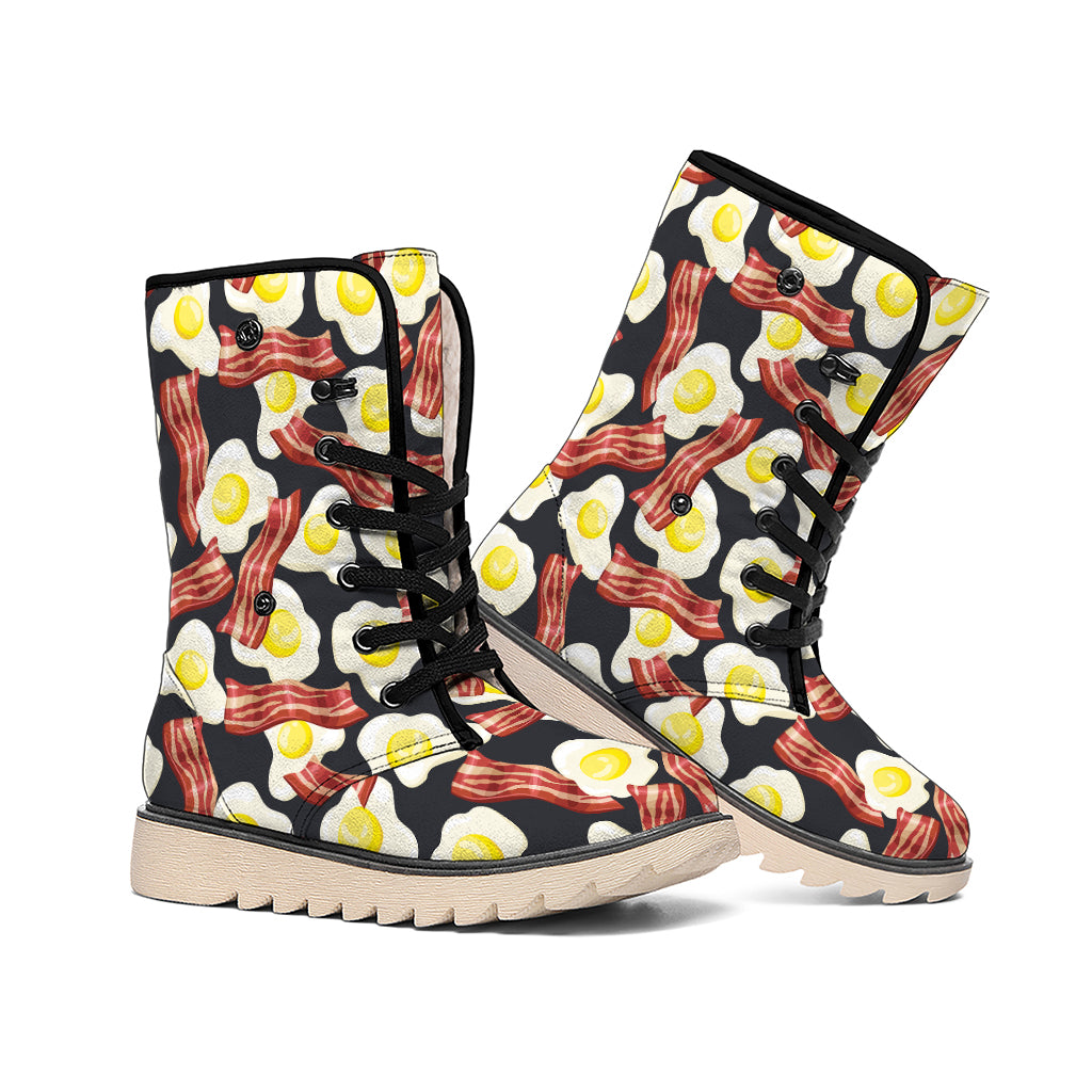 Black Fried Egg And Bacon Pattern Print Winter Boots