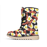 Black Fried Egg And Bacon Pattern Print Winter Boots