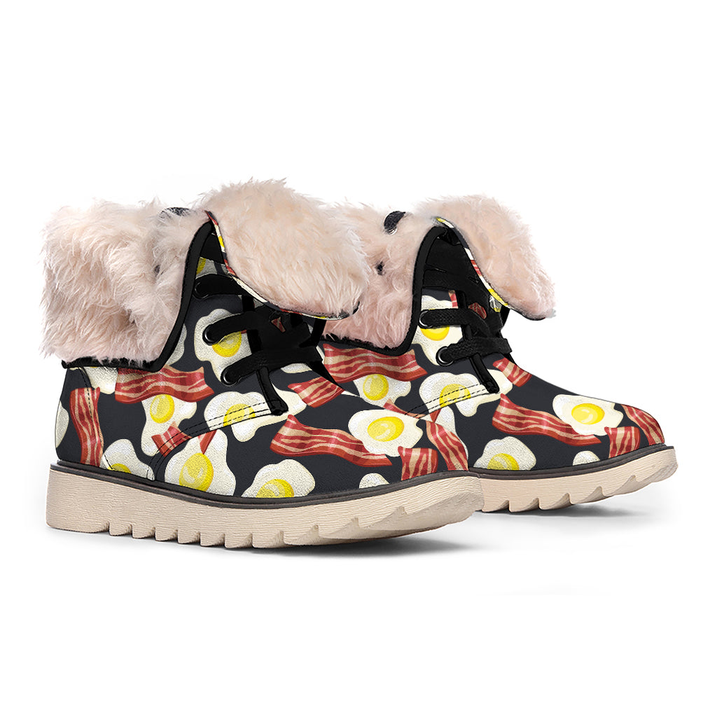 Black Fried Egg And Bacon Pattern Print Winter Boots