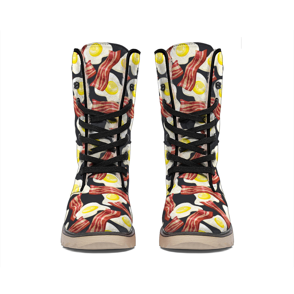 Black Fried Egg And Bacon Pattern Print Winter Boots