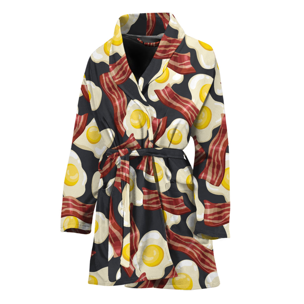 Black Fried Egg And Bacon Pattern Print Women's Bathrobe