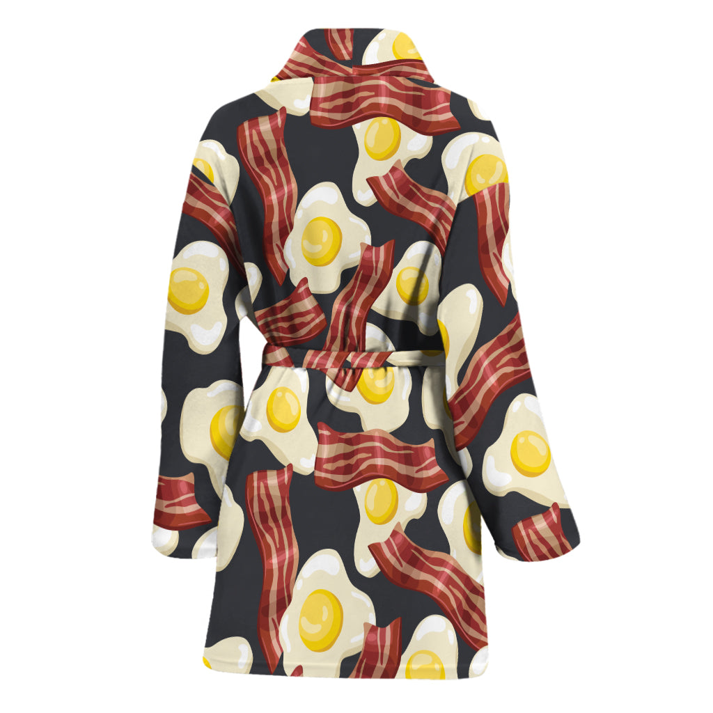 Black Fried Egg And Bacon Pattern Print Women's Bathrobe