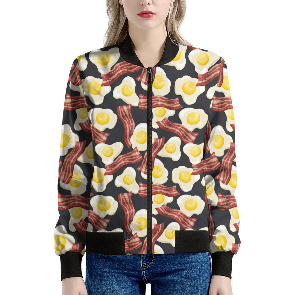 Black Fried Egg And Bacon Pattern Print Women's Bomber Jacket