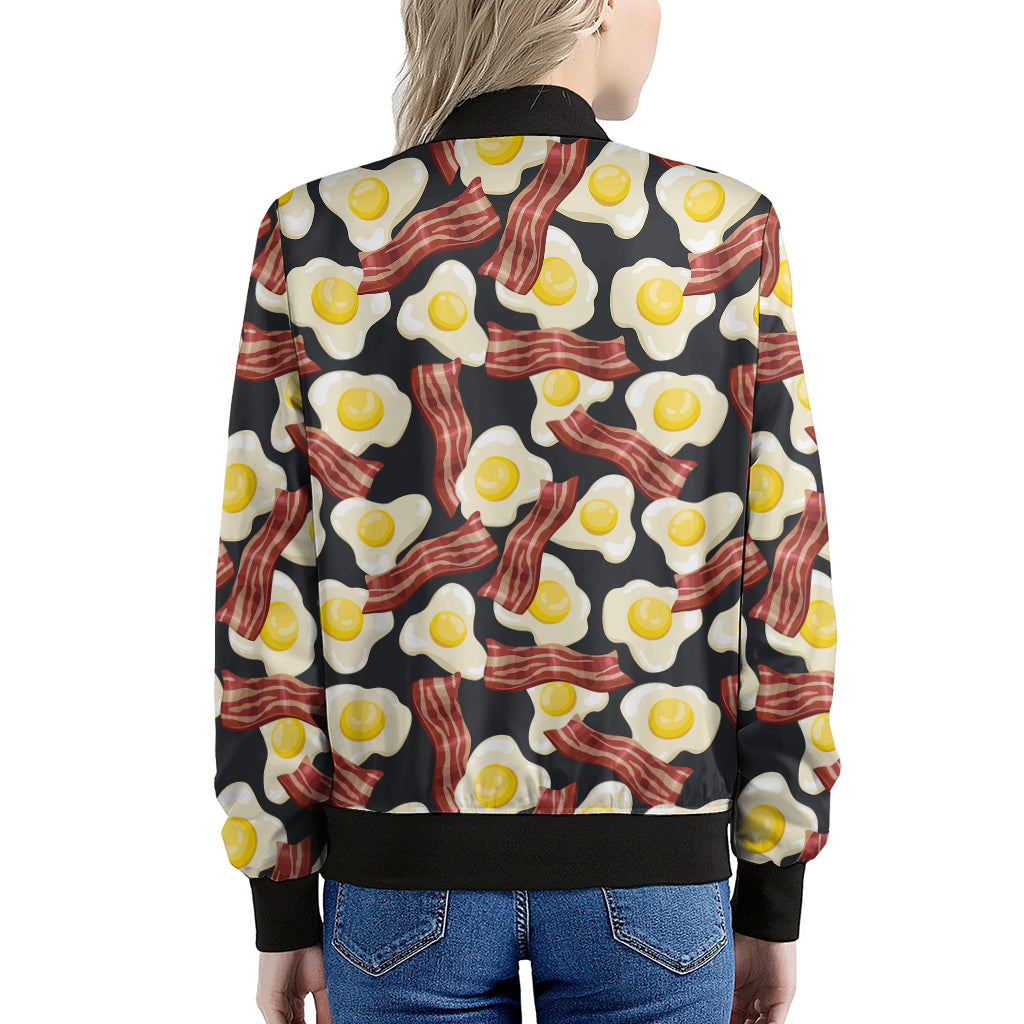 Black Fried Egg And Bacon Pattern Print Women's Bomber Jacket