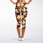 Black Fried Egg And Bacon Pattern Print Women's Capri Leggings