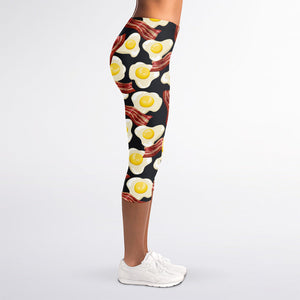 Black Fried Egg And Bacon Pattern Print Women's Capri Leggings