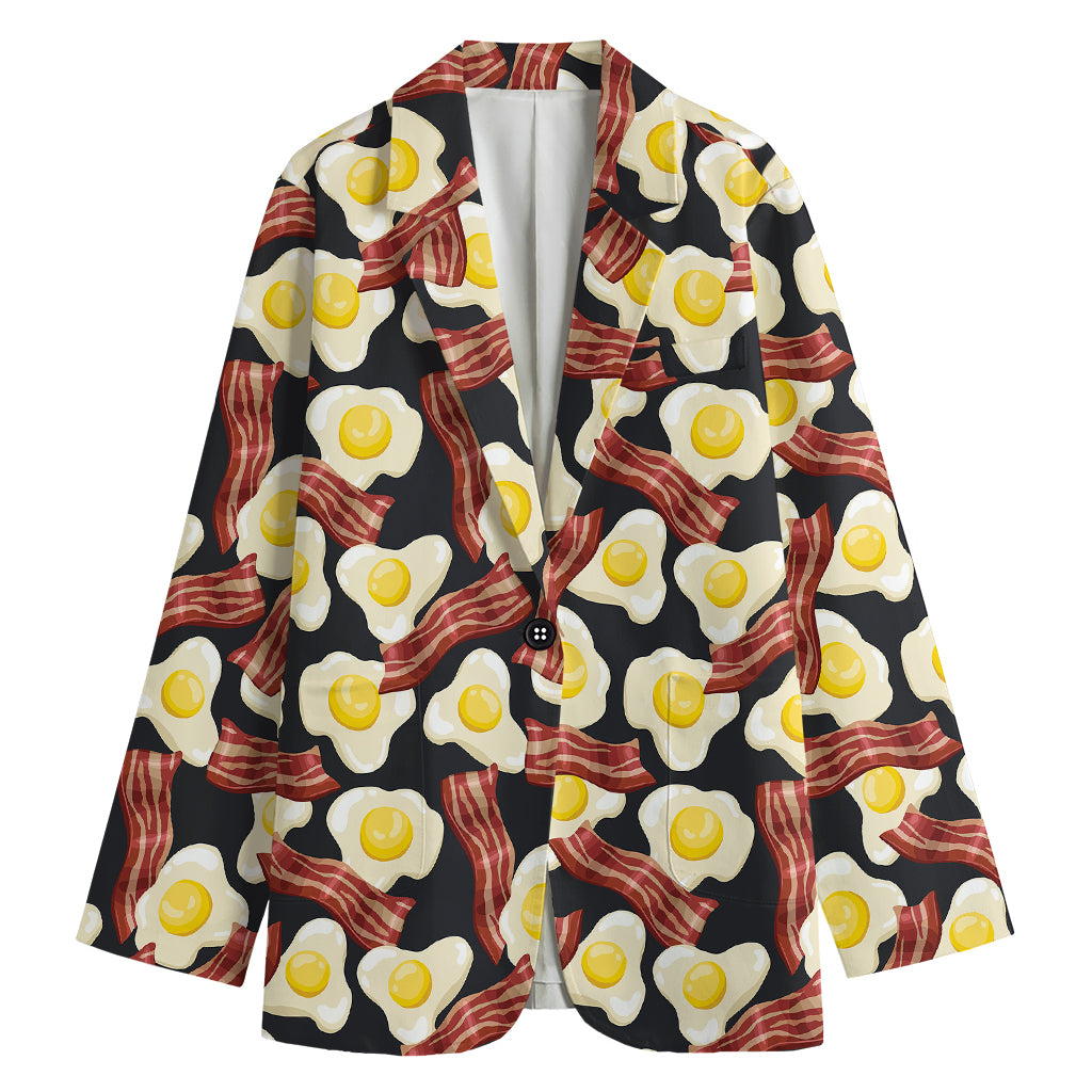 Black Fried Egg And Bacon Pattern Print Women's Cotton Blazer