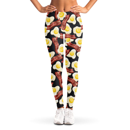 Black Fried Egg And Bacon Pattern Print Women's Leggings