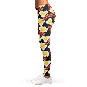 Black Fried Egg And Bacon Pattern Print Women's Leggings