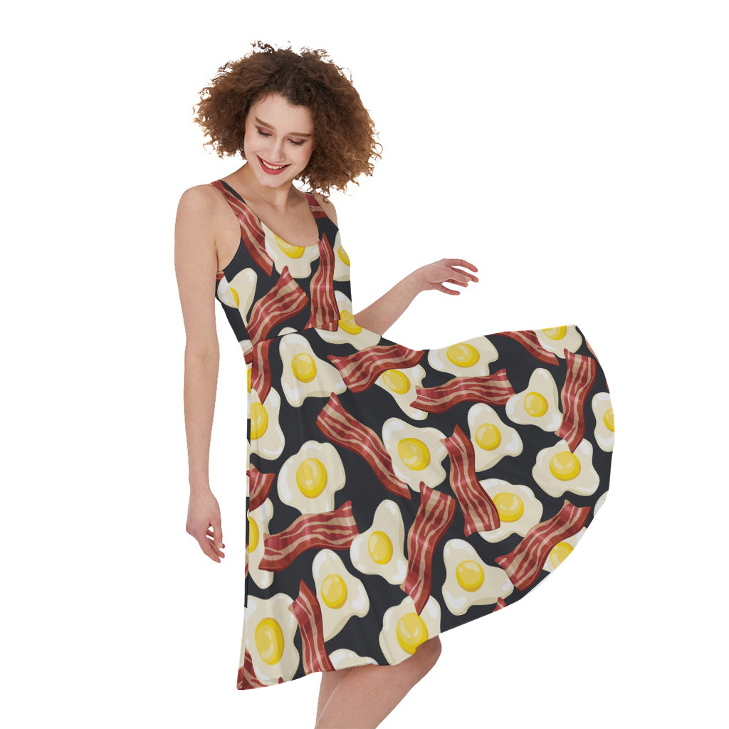 Black Fried Egg And Bacon Pattern Print Women's Sleeveless Dress