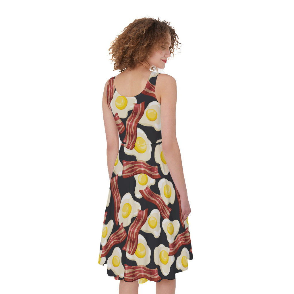 Black Fried Egg And Bacon Pattern Print Women's Sleeveless Dress