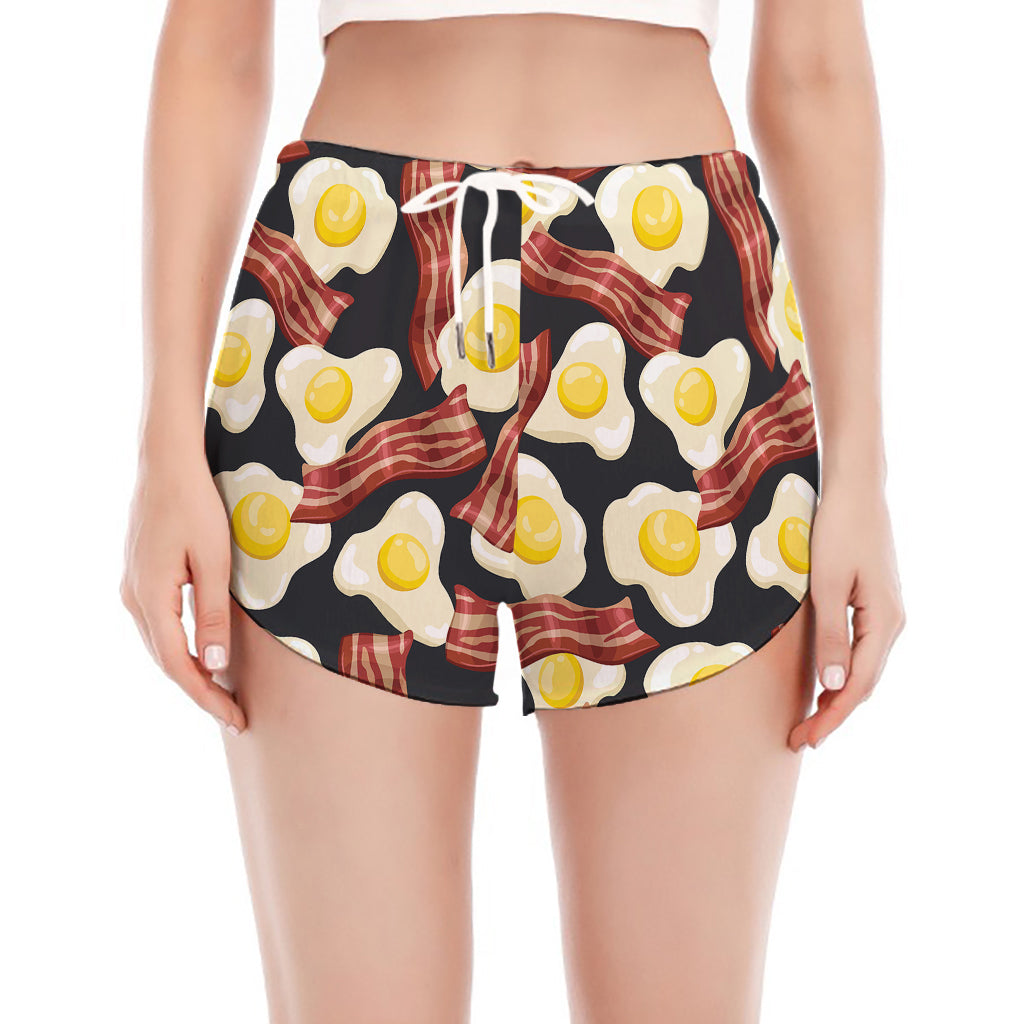 Black Fried Egg And Bacon Pattern Print Women's Split Running Shorts