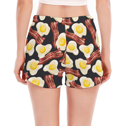 Black Fried Egg And Bacon Pattern Print Women's Split Running Shorts