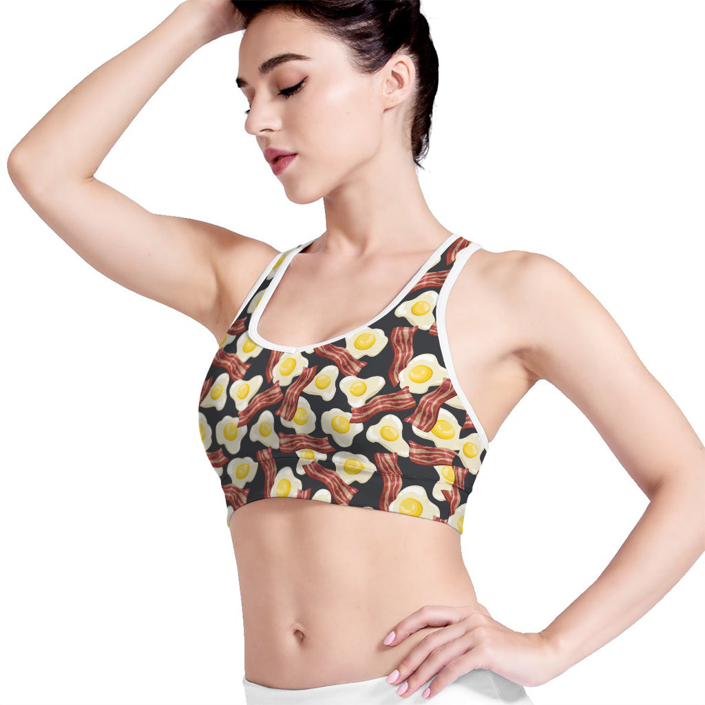 Black Fried Egg And Bacon Pattern Print Women's Sports Bra