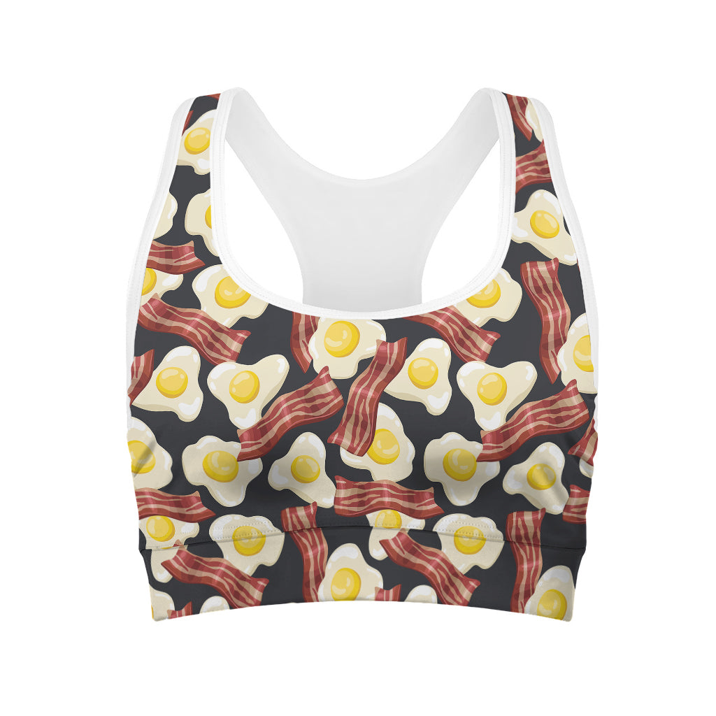 Black Fried Egg And Bacon Pattern Print Women's Sports Bra