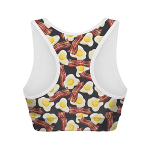 Black Fried Egg And Bacon Pattern Print Women's Sports Bra