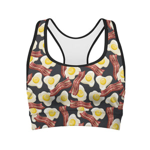 Black Fried Egg And Bacon Pattern Print Women's Sports Bra