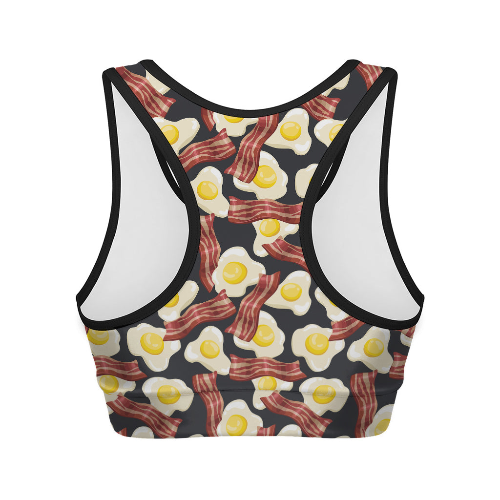 Black Fried Egg And Bacon Pattern Print Women's Sports Bra