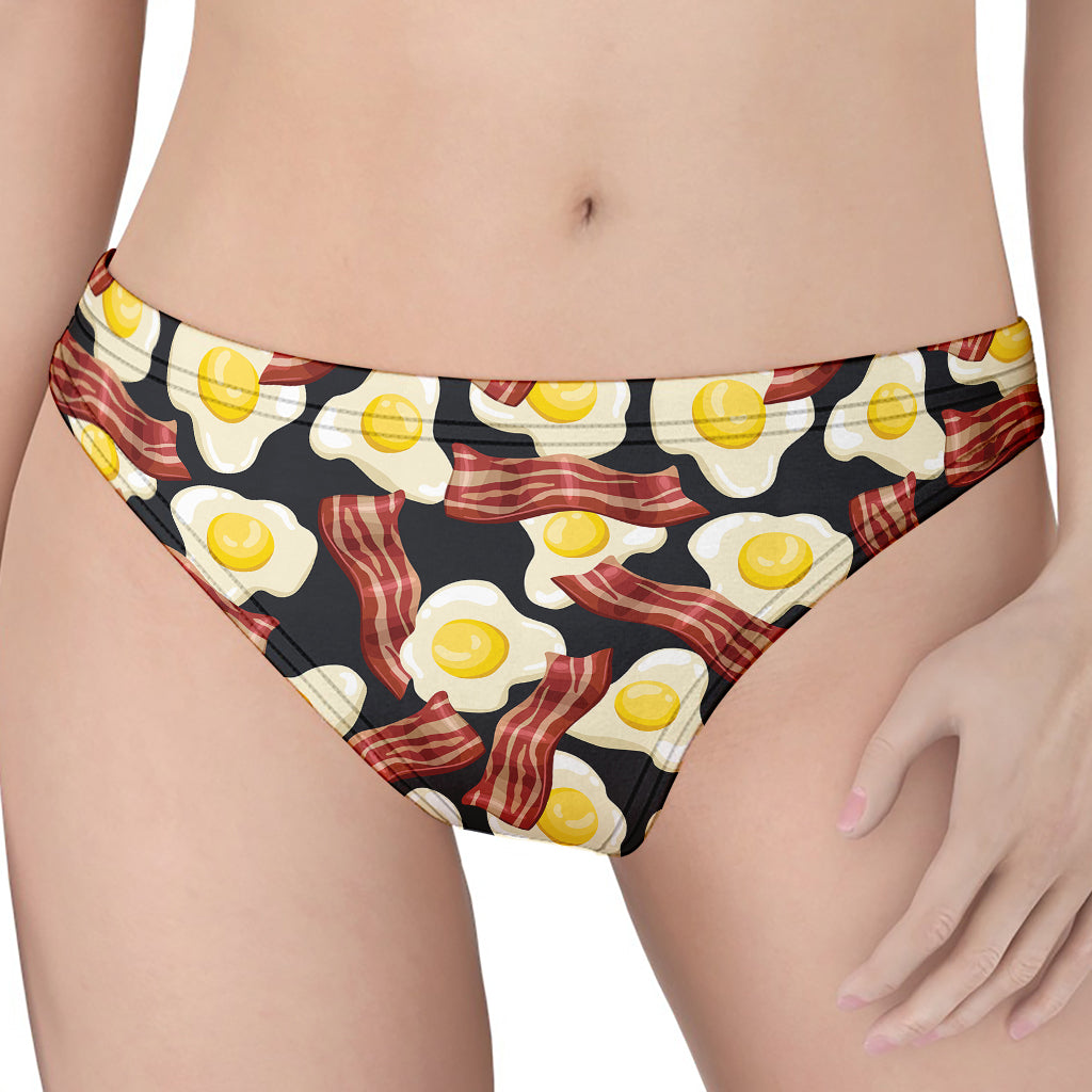 Black Fried Egg And Bacon Pattern Print Women's Thong