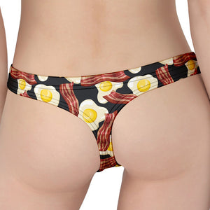 Black Fried Egg And Bacon Pattern Print Women's Thong