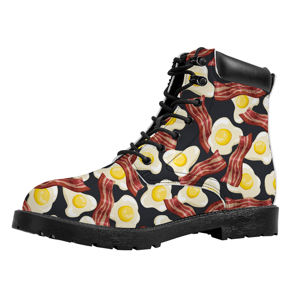 Black Fried Egg And Bacon Pattern Print Work Boots