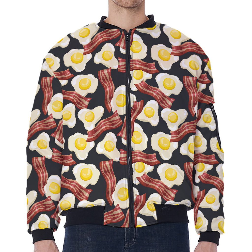 Black Fried Egg And Bacon Pattern Print Zip Sleeve Bomber Jacket