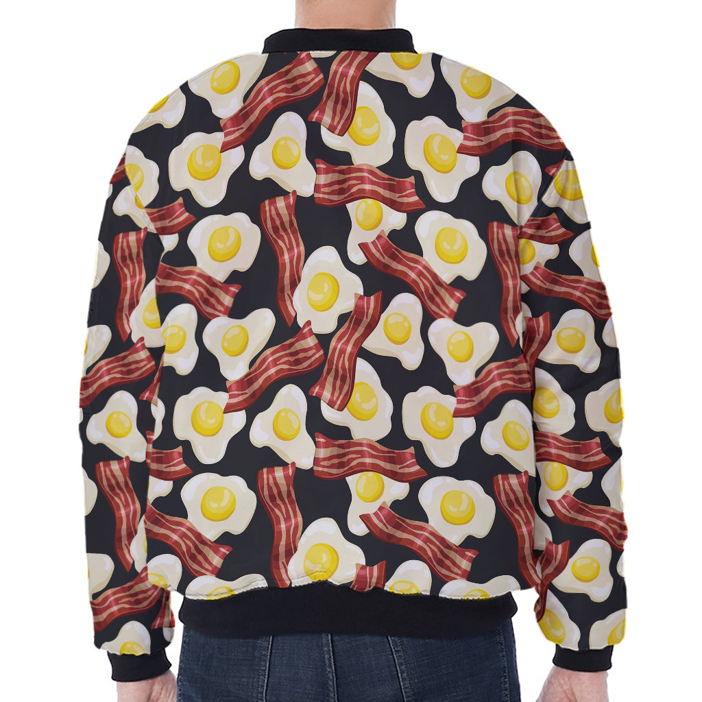 Black Fried Egg And Bacon Pattern Print Zip Sleeve Bomber Jacket