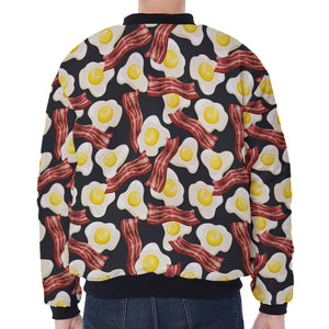 Black Fried Egg And Bacon Pattern Print Zip Sleeve Bomber Jacket