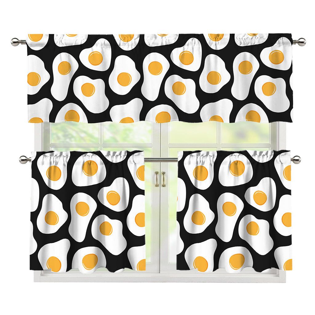 Black Fried Eggs Pattern Print 3 Piece Kitchen Curtains