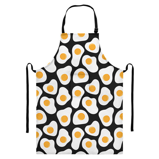 Black Fried Eggs Pattern Print Bib Apron With Pocket