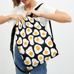 Black Fried Eggs Pattern Print Drawstring Backpack